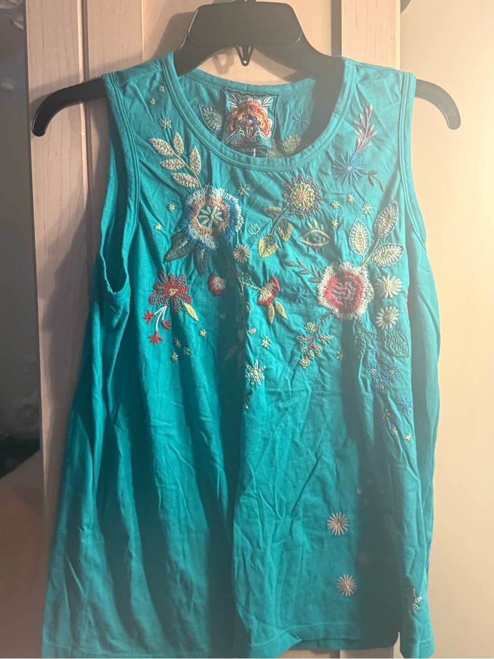 Johnny Was Teal Floral Embroidered Tank Top